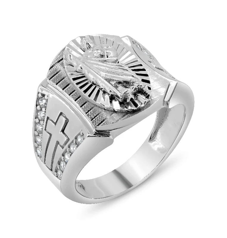 Ladies rings tribal pattern rings-Rhodium Plated 925 Sterling Silver St Jude Diamond Cut Clear CZ Ring - GMR00346