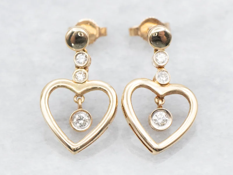 Ladies earrings Victorian era styles-Swinging Diamond Heart Drop Earrings