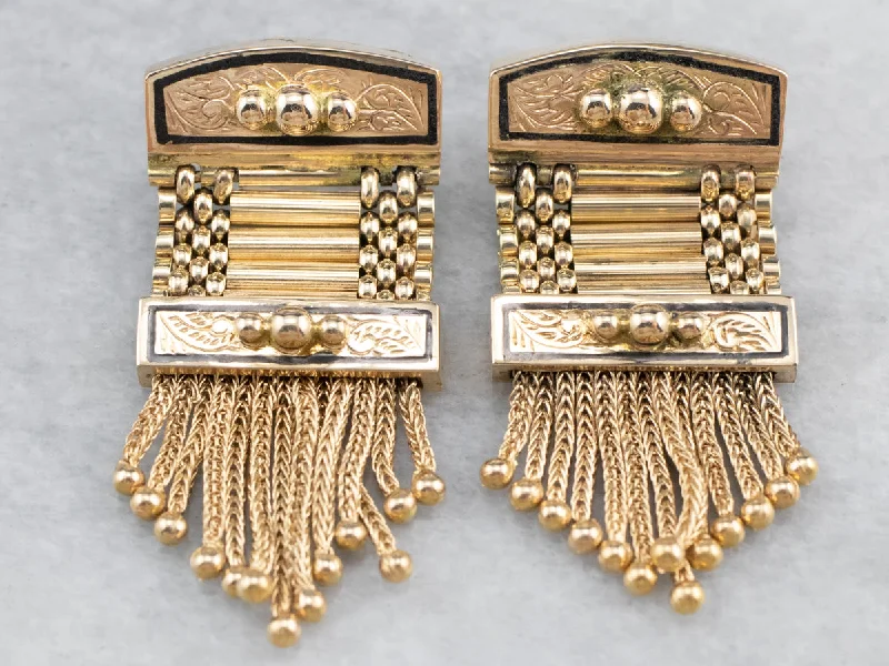 Ladies earrings Italian crafted earrings-Victorian Revival Gold Fringe Statement Earrings