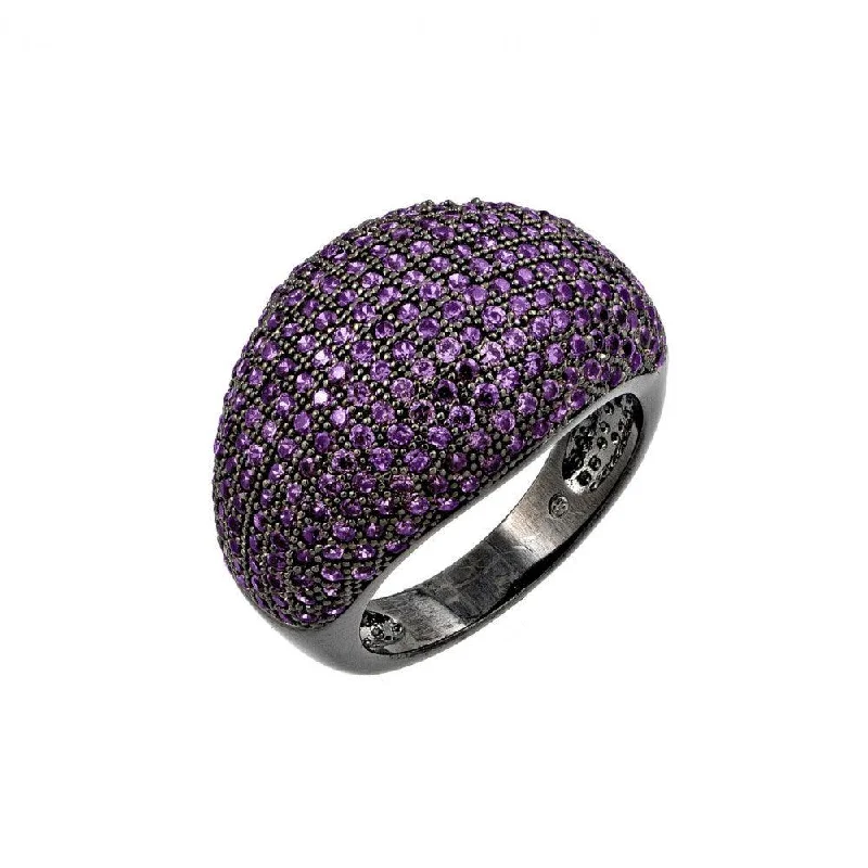 Ladies rings polished durability rings-Silver 925 Oxidized Rhodium Plated Purple CZ Dome Ring - BGR00774PUR