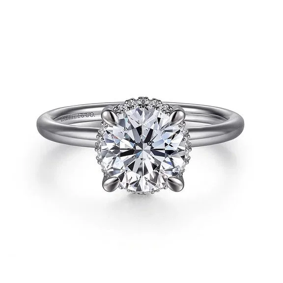 Ladies engagement rings pave solitaires-Seattle - 14K White Gold Round Hidden Halo Diamond Engagement Ring (Setting Only)