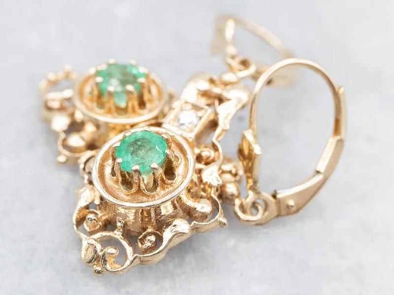 Ladies earrings heavy duty styles-Emerald and Diamond Ornate Gold Drop Earrings