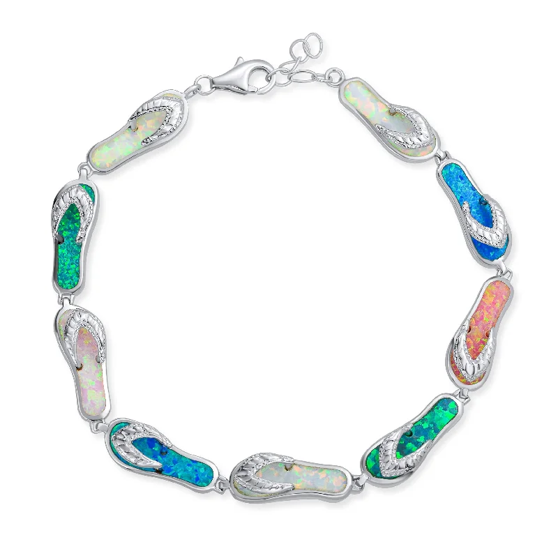 ladies bracelet bold white gold-Tropical Beach Multi-Color Flip Flop Strand Bracelet with Created Opal in Silver