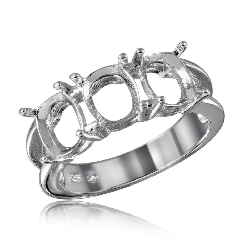 Ladies rings hammered craft looks-Silver 925 Rhodium Plated Open Shank 3 Stones Mounting Ring - BGR01197