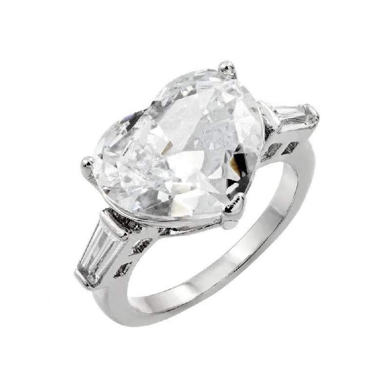 Ladies rings romantic couple sets-Silver 925 Rhodium Plated Larger Clear CZ Heart Ring - BGR00844