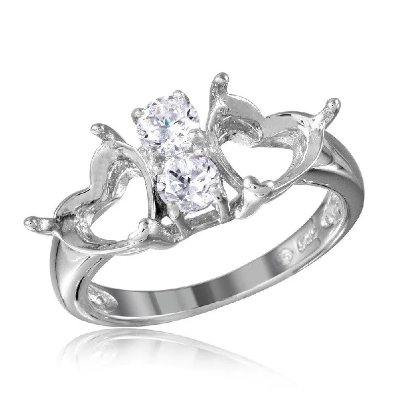 Ladies rings office-friendly elegance-Silver 925 Rhodium Plated Double Heart Mounting Ring Spite By CZ - BGR01059