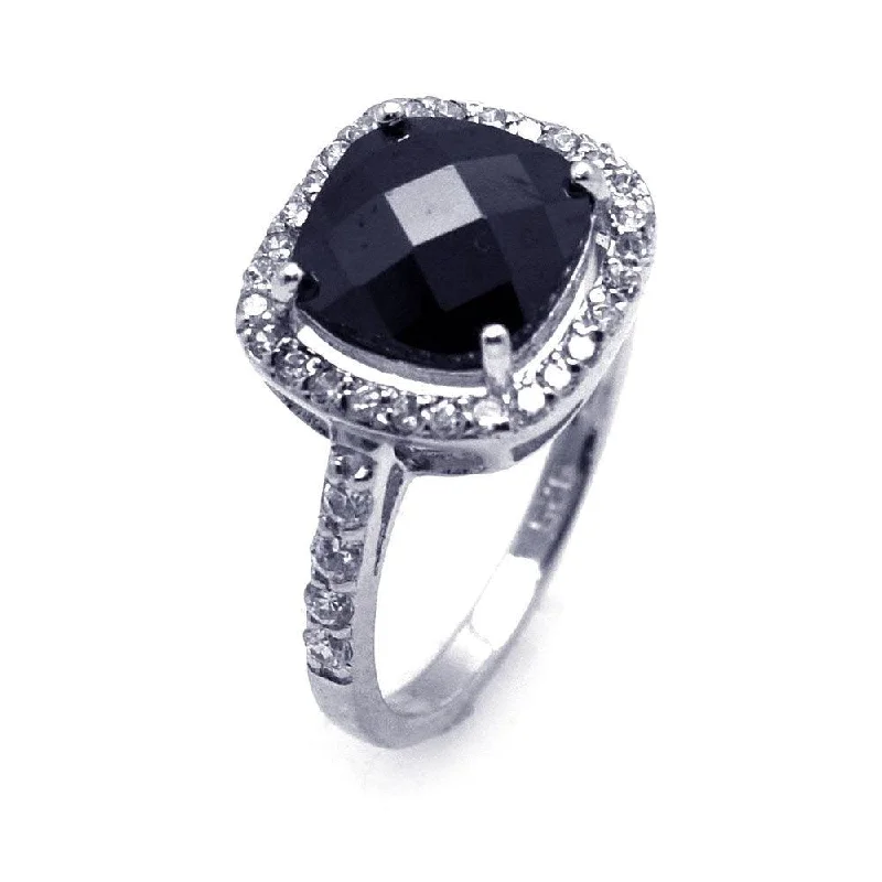 Ladies rings spinning band styles-Silver 925 Rhodium Plated Black Center and Cluster CZ Ring - STR00597