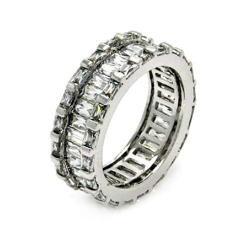 Ladies rings classic revival designs-Silver 925 Rhodium Plated Clear Baguette Channel Set CZ Eternity Ring - BGR00405