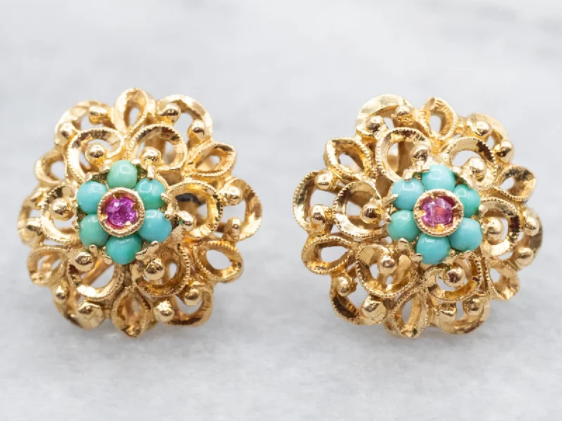 Ladies earrings smooth surface earrings-Turquoise and Pink Sapphire Stud Earrings