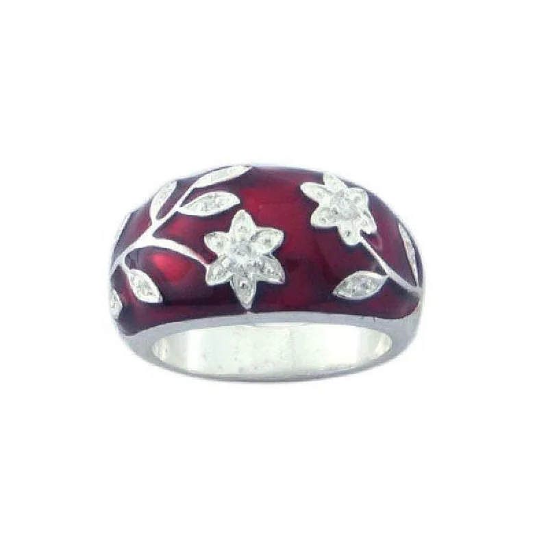 Ladies rings subtle luxury options-Silver 925 Rhodium Plated Red Enamel CZ Flower Ring - STR00545