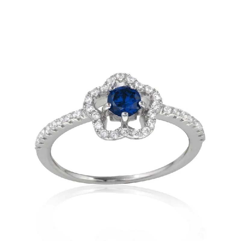 Ladies rings embossed design rings-Rhodium Plated 925 Sterling Silver Clover Micropave Ring with Blue Center CZ and Clear Round CZ - BGR01120BLU