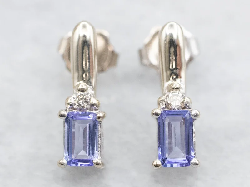 Ladies earrings domed shape styles-White Gold Tanzanite Earrings with Diamond Accents