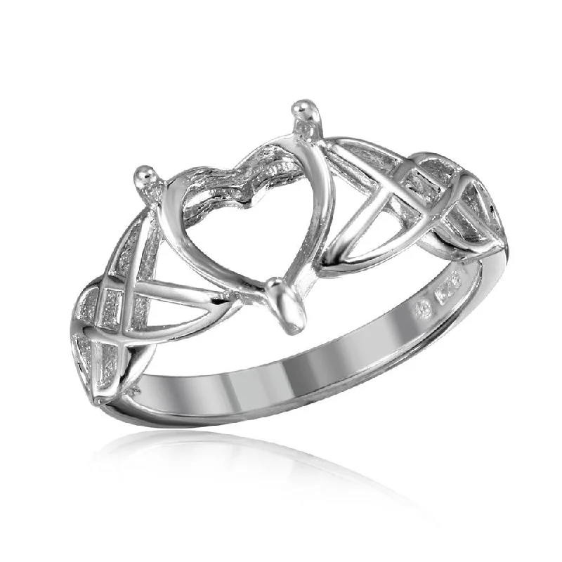 Ladies rings star motif accents-Silver 925 Rhodium Plated Criss Cross Designed Shank Heart Mounting Ring - BGR01016