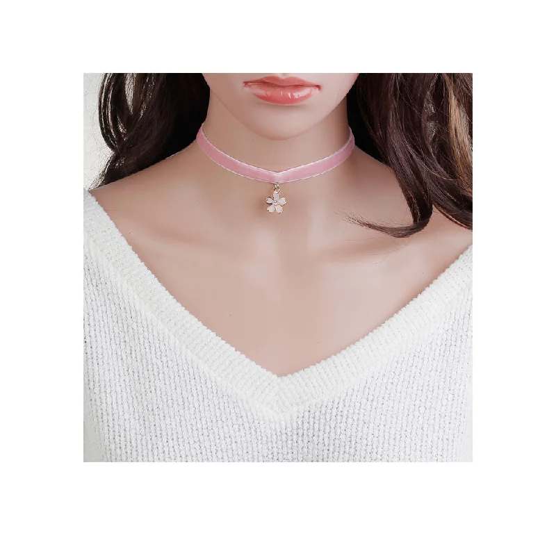 ladies necklace designer rose gold-Sexy Sparkles Pink Velvet Choker Necklace for Women Girls Gothic Choker Bolo Tie Corset Lace Chokers