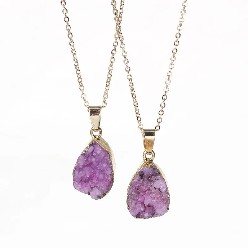 ladies necklace gift for wife-SEXY SPARKLES Natural Stone Druzy Drusy Necklace Pendant Link Cable Chain Purple Drop