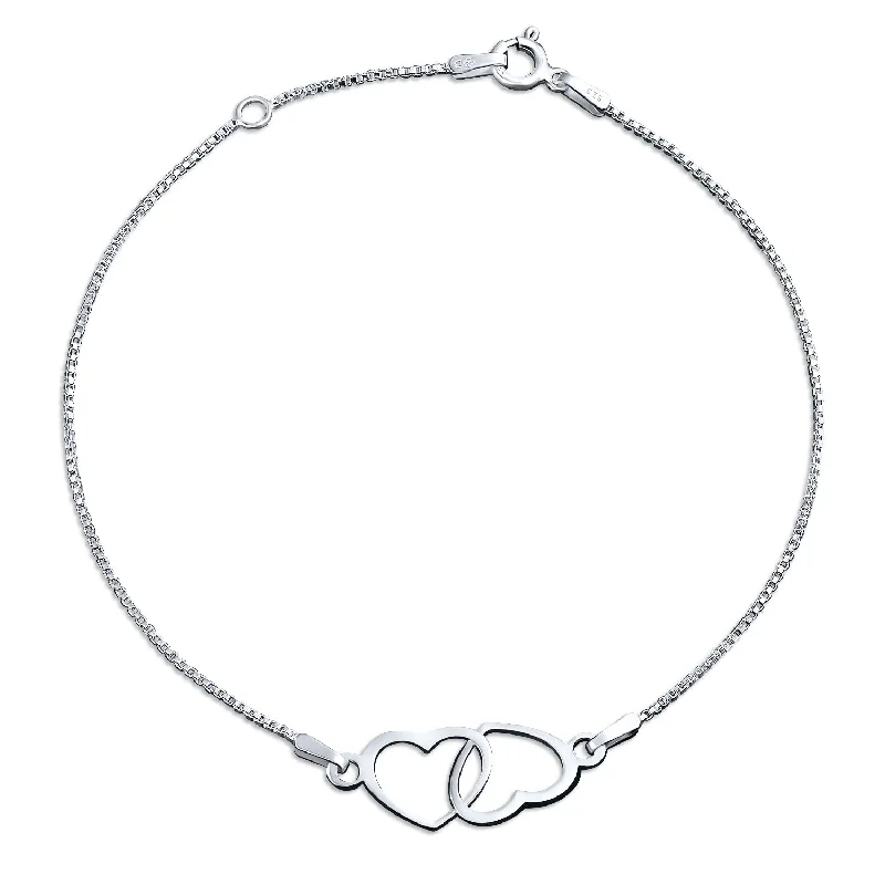 ladies bracelet hammered-Romantic Interlocking Hearts Anklet Ankle Bracelet Sterling Silver 9-10"