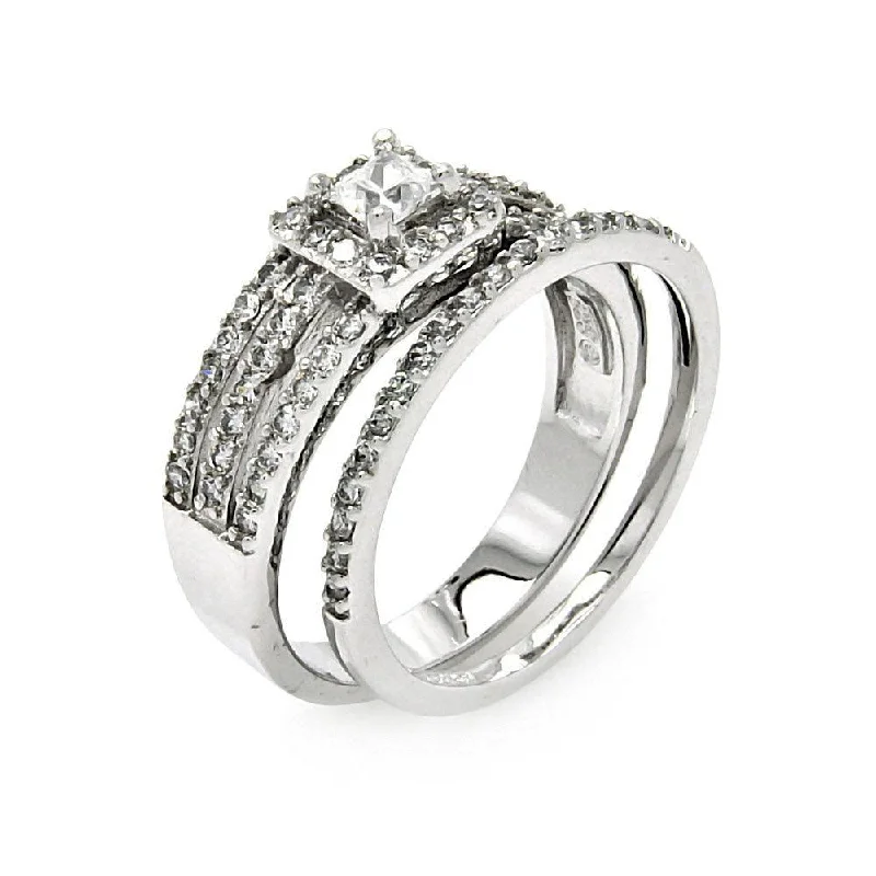 Ladies rings movable stone rings-Silver 925 Rhodium Plated 3 Row Clear Square Center CZ Bridal Ring Set - BGR00457