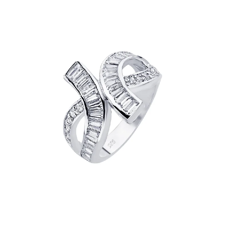 Ladies rings autumn tone rings-Silver 925 Rhodium Plated Clear Baguette CZ Knot Ring - BGR00565