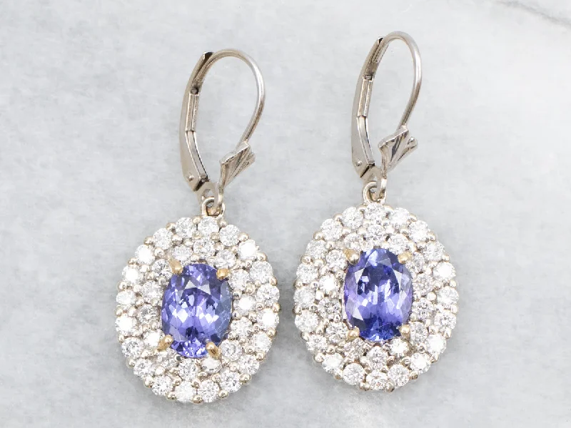 Ladies earrings modern art earrings-Luxe Tanzanite and Diamond Halo Drop Earrings