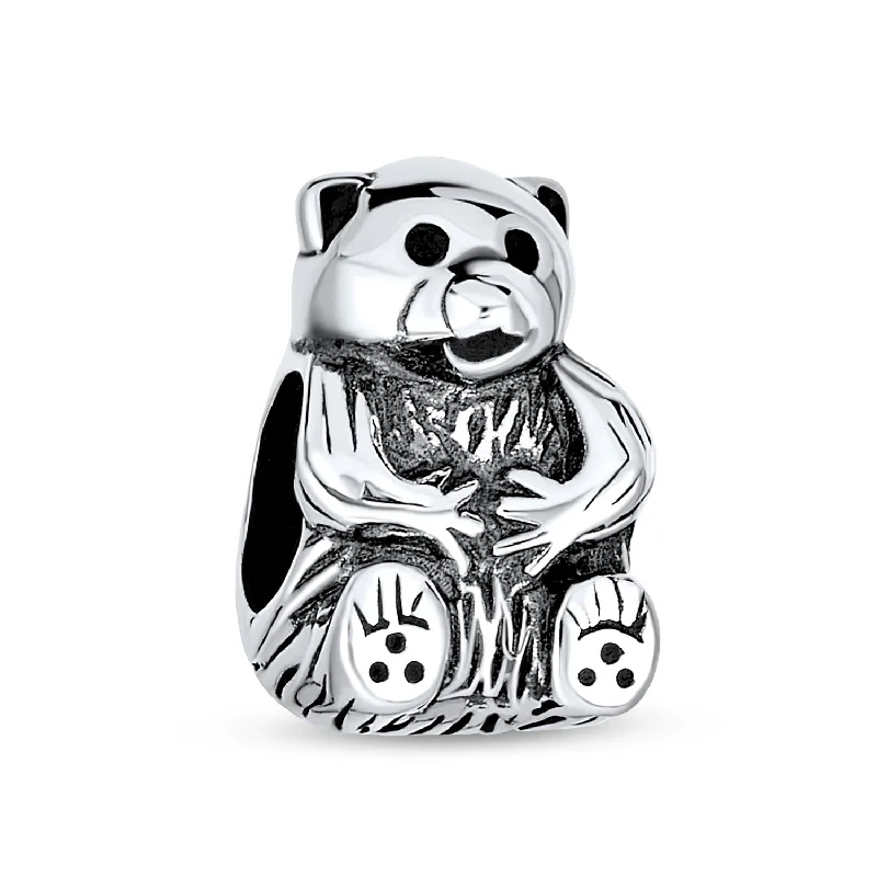 ladies bracelet casual silver-Cute Teddy Bear Charm Bead in Oxidized Sterling Silver for European Bracelets