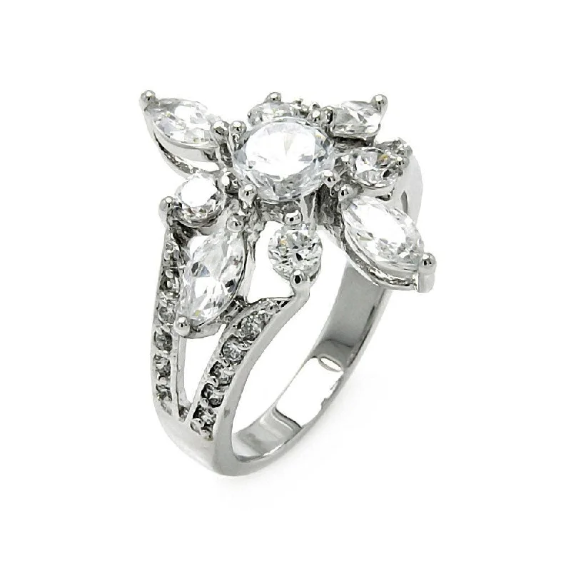 Ladies rings jewelry care tips-Silver 925 Rhodium Plated Clear Round and Marquise CZ Flower Ring - BGR00506