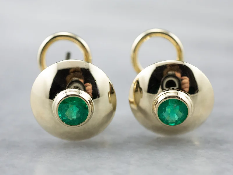 Ladies earrings tri-color styles-Bezel Set Emerald Gold Stud Earrings