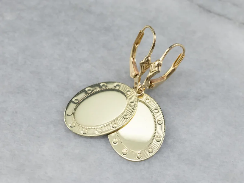 Ladies earrings adjustable fit earrings-Green Gold Oval Disk Drop Earrings