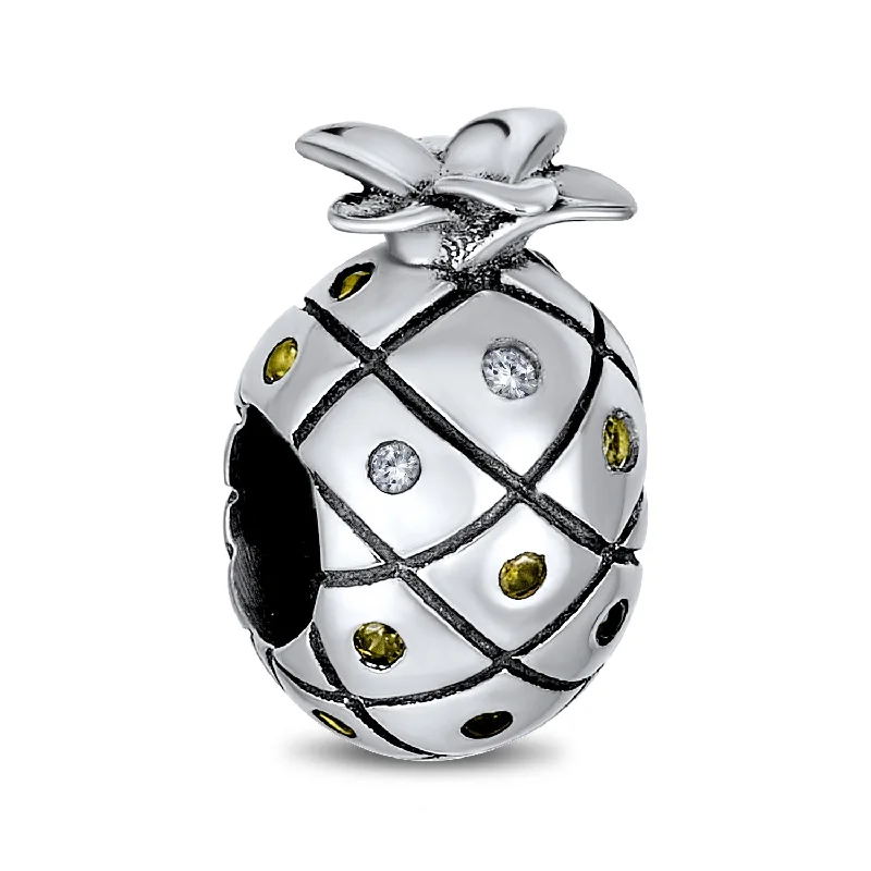 ladies bracelet cluster-Tropical Pineapple Charm Bead with Golden CZ for European Bracelets Sterling Silver