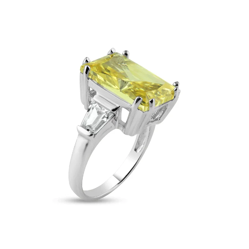 Ladies rings polished durability rings-Silver 925 Rhodium Plated Rectangular Yellow Center and Clear CZ Ring - STR00453YEL