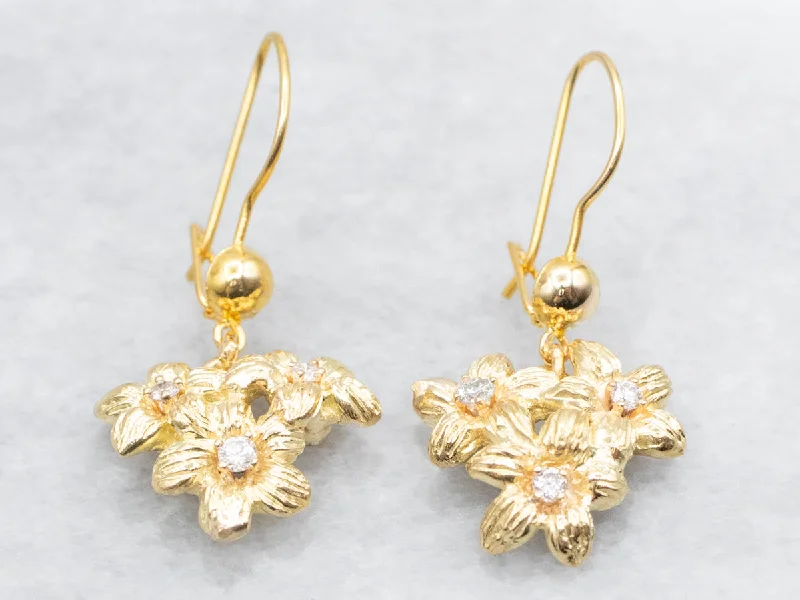 Ladies earrings tiered gem designs-Golden Floral Diamond Drop Earrings