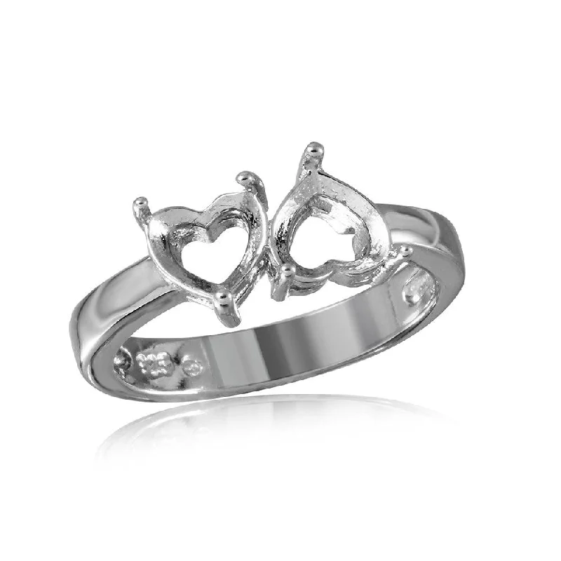 Ladies rings initial letter styles-Silver 925 Rhodium Plated Reversed Double Hearts Mounting Ring - BGR00499