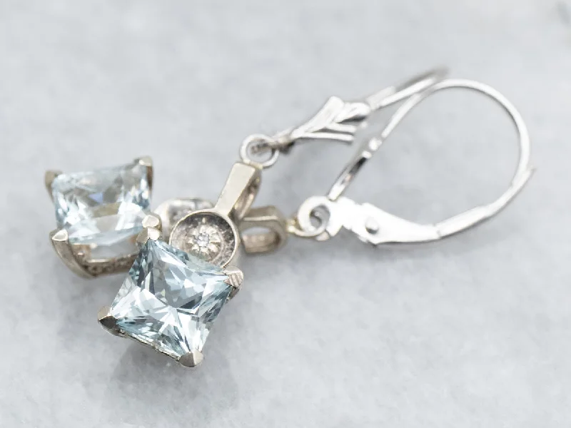 Ladies earrings high investment value-Princess Cut Aquamarine Drop Earrings with Diamond Accents