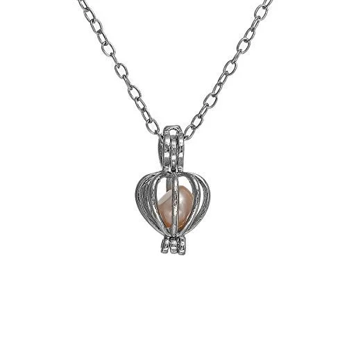 ladies necklace oxidized-Sexy Sparkles Pearl and Heart Locket Necklace Silver Tone