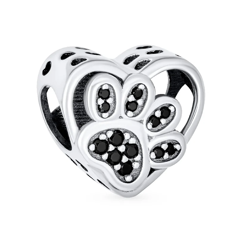 ladies bracelet modern white gold-Black CZ Heart Paw Print Charm Bead for Pet Lovers - Fits European Bracelet