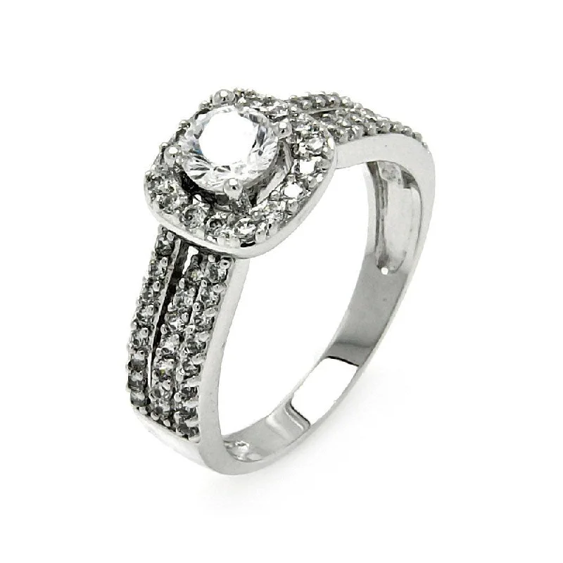 Ladies rings elegant gold designs-Silver 925 Rhodium Plated Round Pave Set Center CZ Square Ring - BGR00464