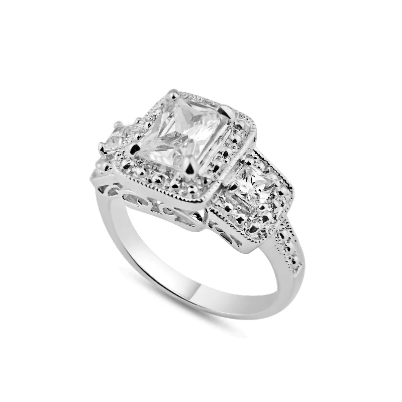 Ladies rings winter sparkle styles-Rhodium Plated 925 Sterling Silver 3 Set Square Clear CZ Bridal Ring - BGR00552