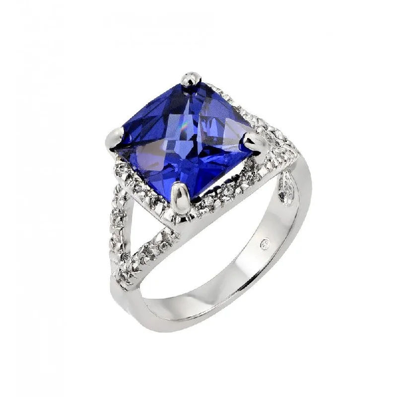 Ladies rings youthful charm designs-Silver 925 Rhodium Plated Blue Princess Cut Center and Clear CZ Ring - BGR00771