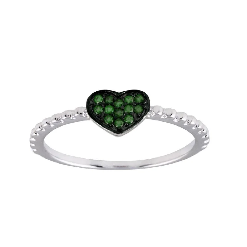 Ladies rings moonstone glow designs-Rhodium Plated 925 Sterling Silver Beaded Heart Green CZ Ring - BGR01245GRN