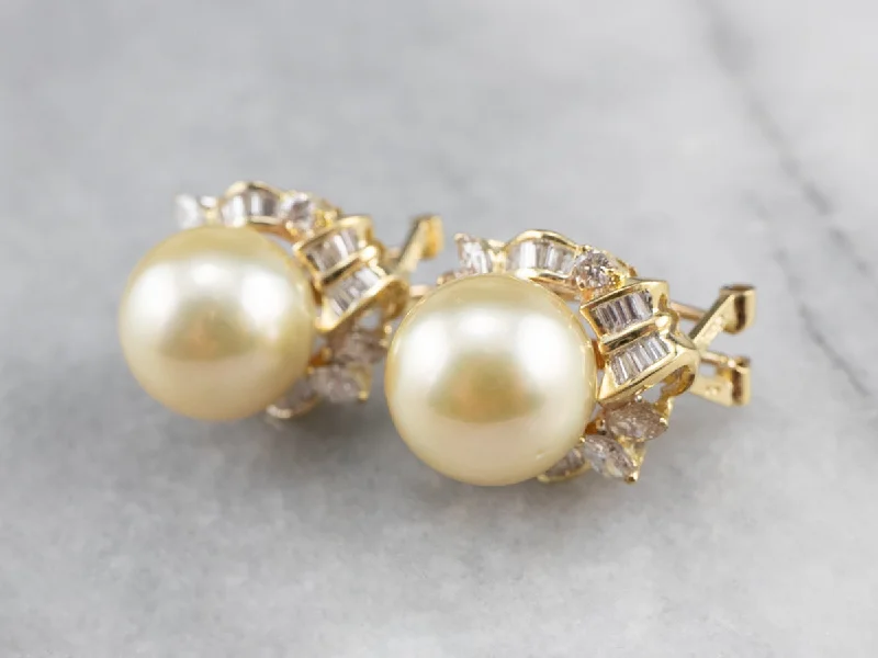 Ladies earrings understated elegance designs-Pearl Diamond 18K Gold Statement Earrings