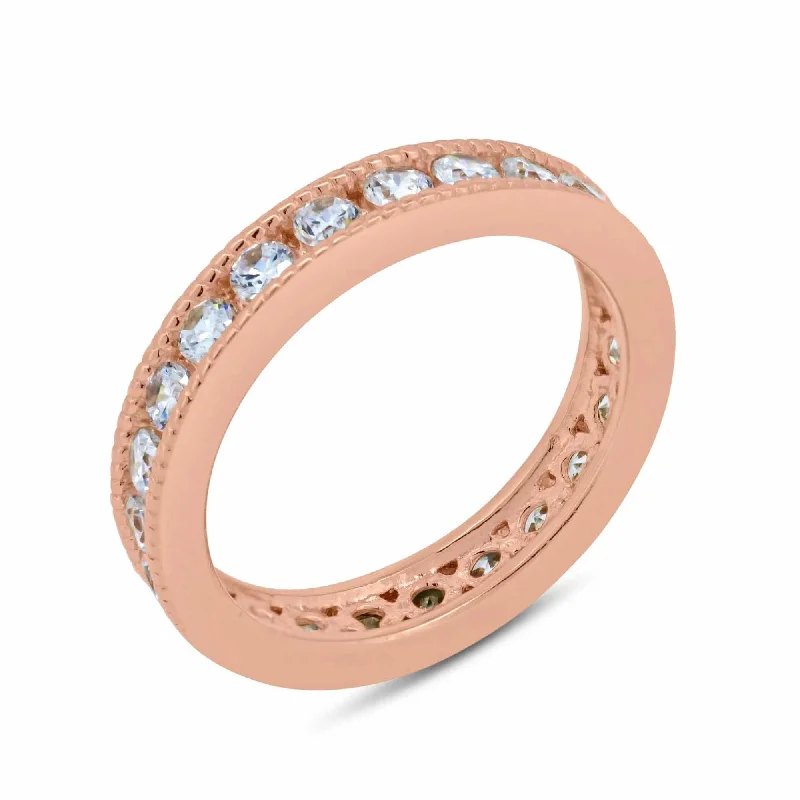 Ladies rings gothic revival styles-Silver 925 Rose Gold Plated Clear Channel Set CZ Stackable Eternity Ring - BGR00585