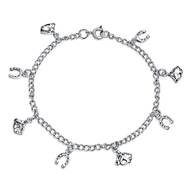 ladies bracelet solitaire-Good Luck Horseshoe Horses Charm Bracelet Pave CZ .925 Sterling Silver