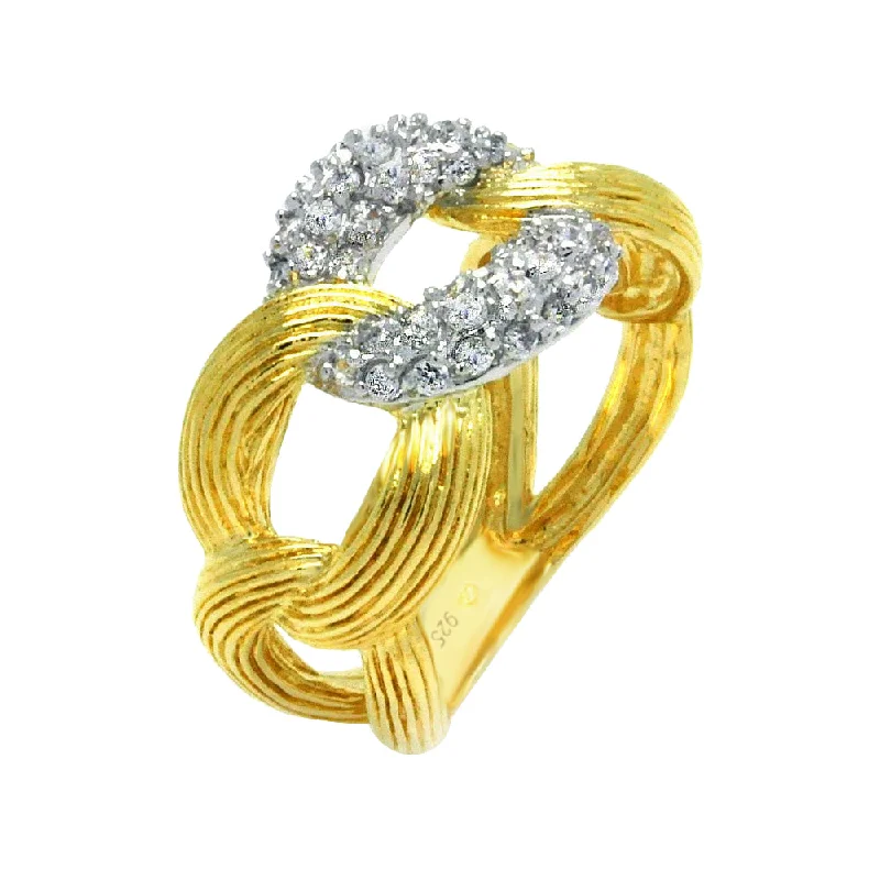 Ladies rings party wear glamour-Silver 925 Rhodium and Gold Plated 2 Toned Clear CZ Link Ring - BGR00357