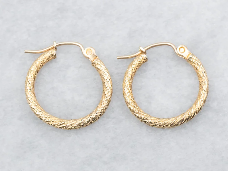 Ladies earrings satin finish styles-Yellow Gold Textured Hoop Earrings