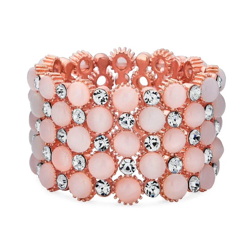 ladies bracelet bridal-Holiday Fashion Pink Cats Eye Crystal Stretch Bracelet Rose Gold Plated Cuff