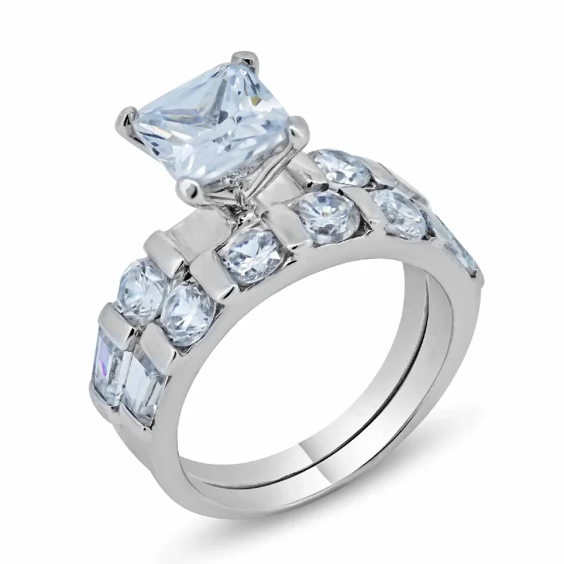 Ladies rings angled cut rings-Silver 925 Rhodium Plated Clear CZ Square Ring - BGR00093