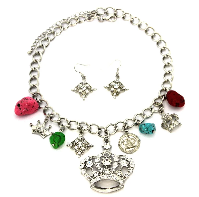 ladies necklace trendy silver-Crown Charm Necklace & Earrings