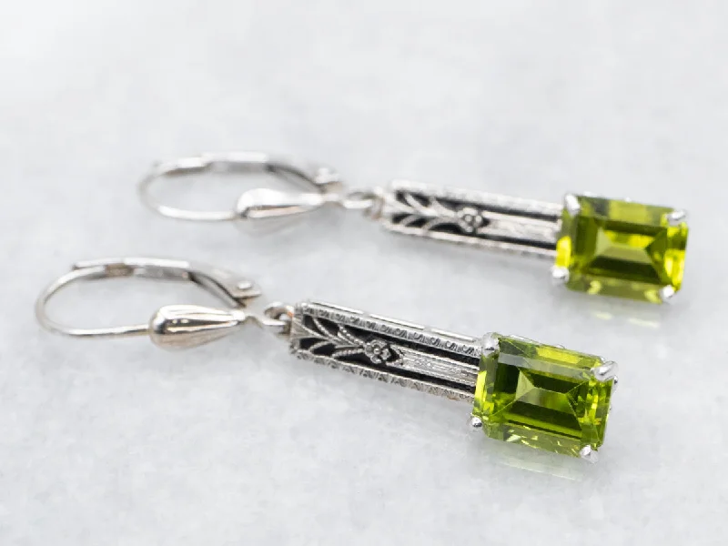 Ladies earrings Native American styles-Black Enamel Peridot Filigree Bar Drop Earrings