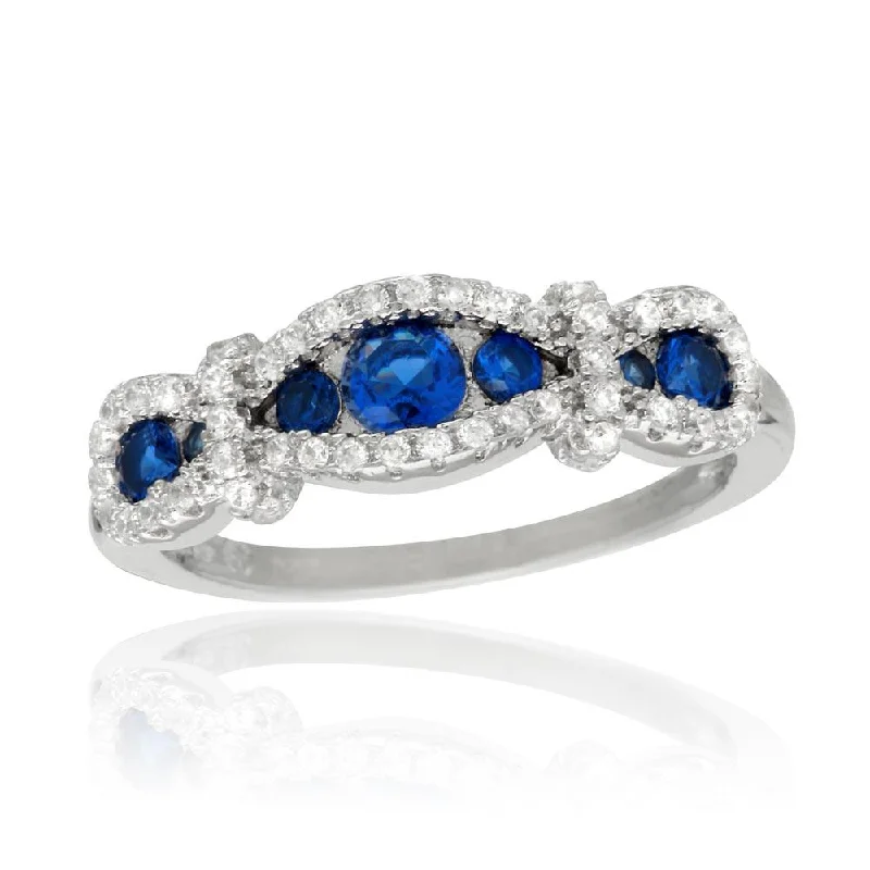 Ladies rings channel set rings-Rhodium Plated 925 Sterling Silver Knotted Blue CZ Ring - BGR01112BLU