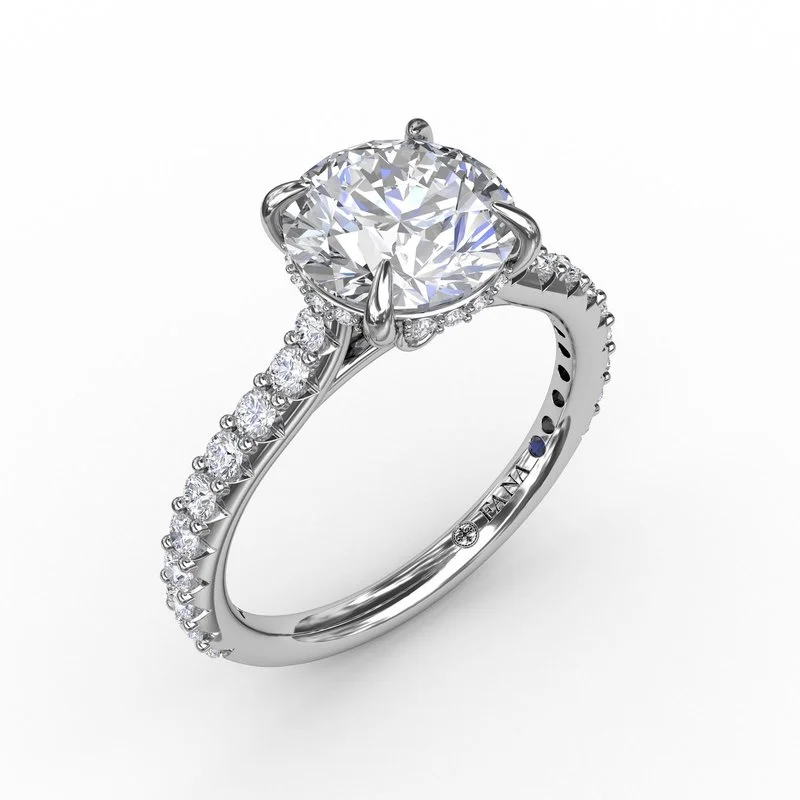 Ladies engagement rings artisan gemstone cuts-Classic Round Diamond Solitaire Engagement Ring With Hidden Pavé Halo