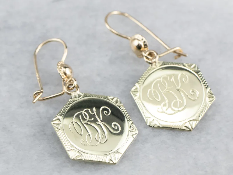 Ladies earrings moonstone glow styles-Monogram "BK" Gold Drop Earrings